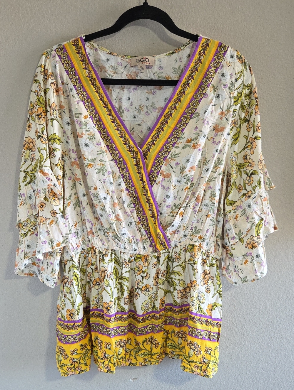GiGio White Floral Wrap Blouse with Yellow Trim